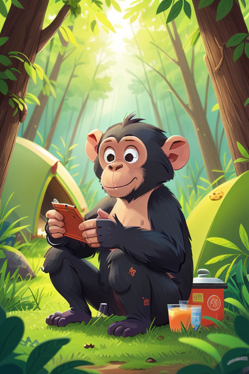 a Chimpanzee is camping, kid, Boreal Forest <lora:COOLKIDS_MERGE_V2.5:1>